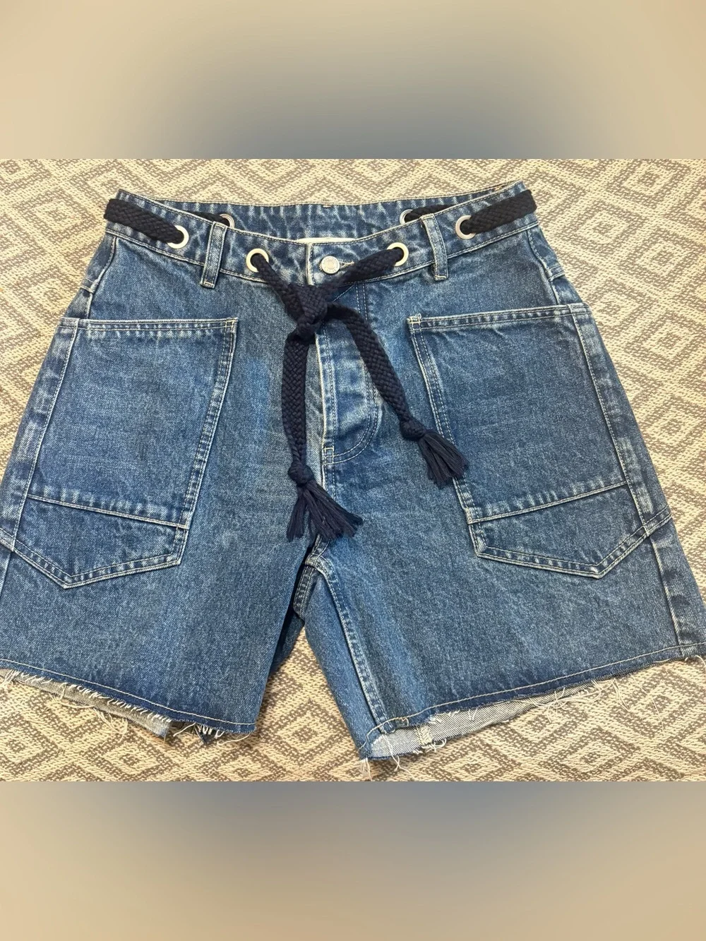Aaron& Amber High-Waist Women’s Blue Baggy Cargo Denim Jean Shorts with Rope Tie